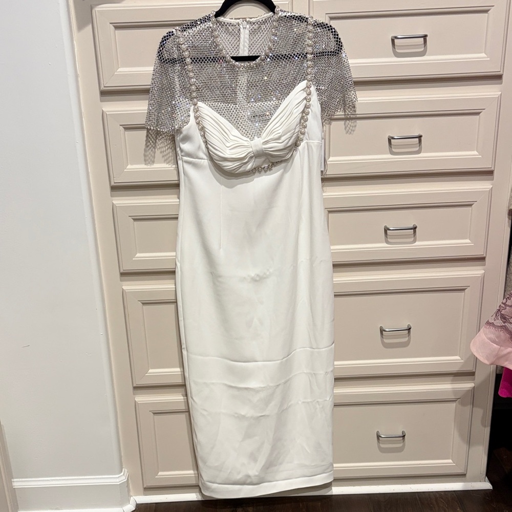 Self-Portrait White Midi Dress with Beaded Silver Capelet